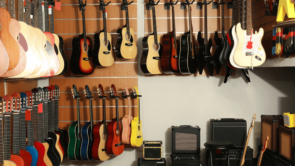 Guitars in a music store