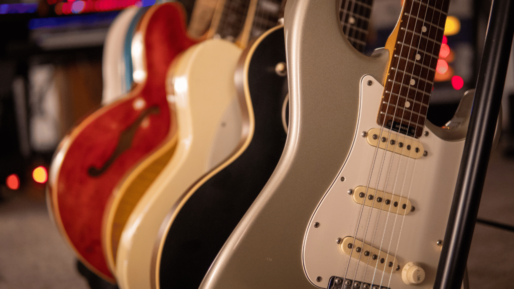 A guitar rack with guitars