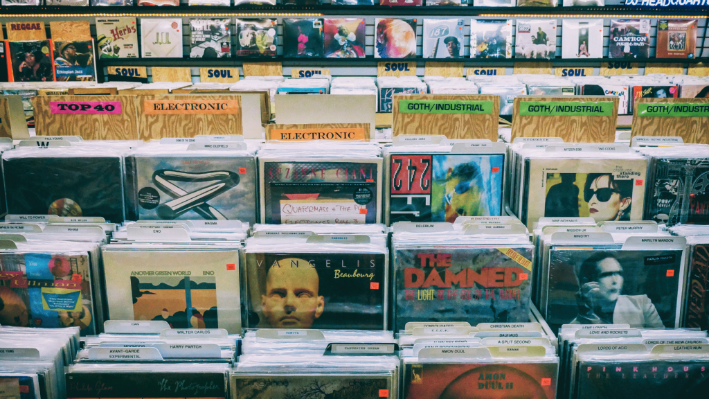 Vinyl records in a rack