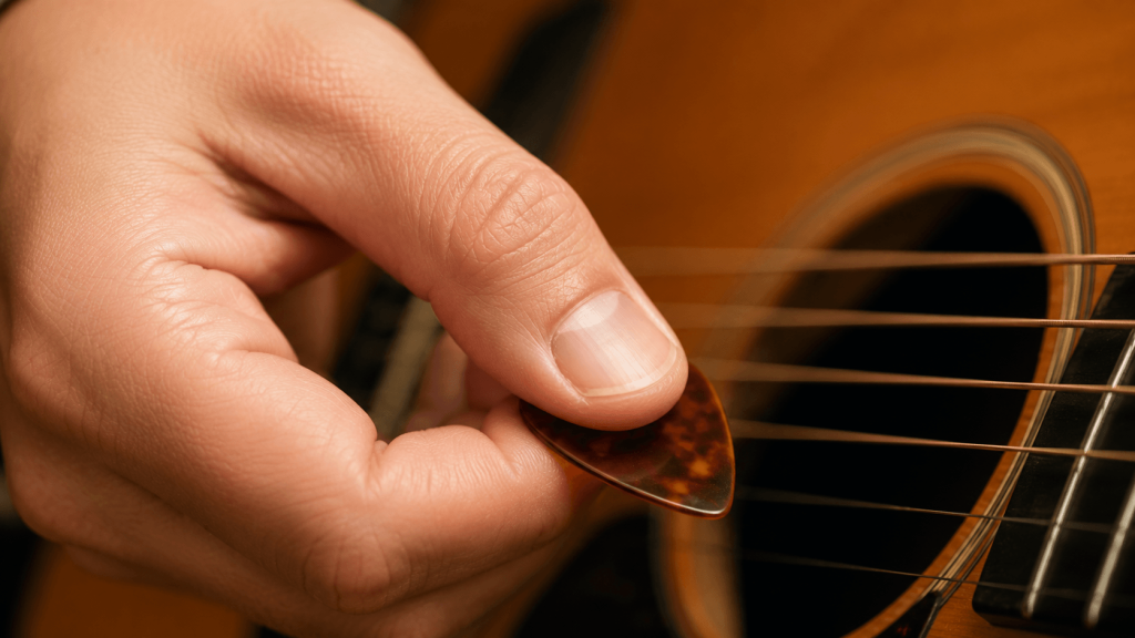A picture showing the correct way to strum with a pick